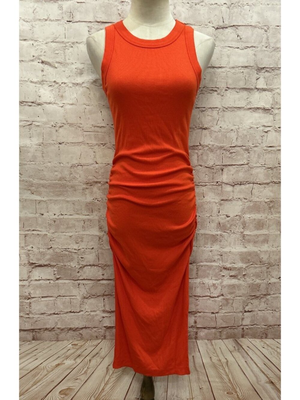 Michael Stars Womens XS Wren Ruched Midi Dress Ultra Rib Knit Sleeveless Red